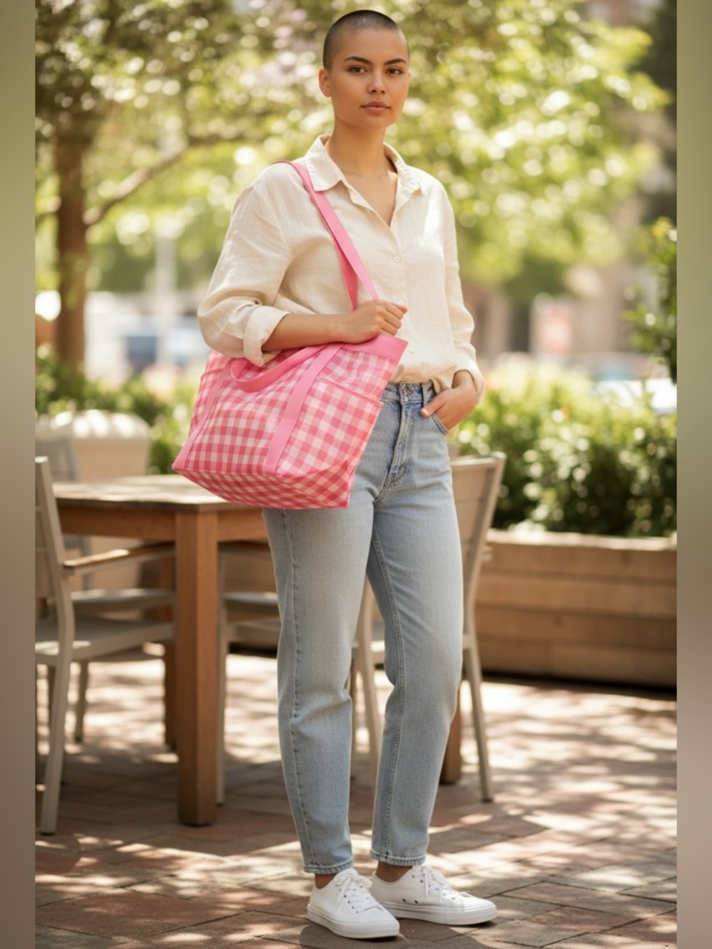 No Boundaries Peach Gingham Tote Bag - Casual Everyday Shoulder Bag NWT